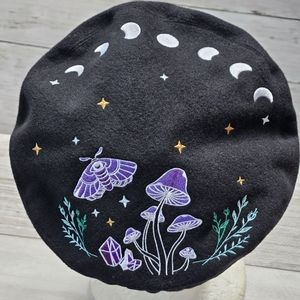 Women's Embroidered Beret Black Dark Forest Moth Mushroom
